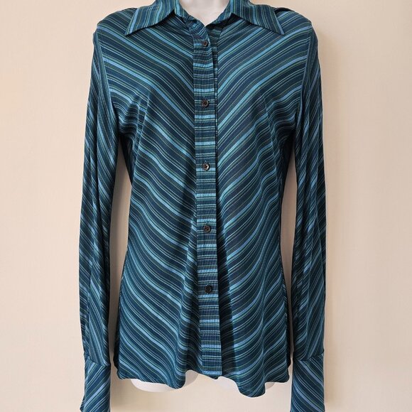 VIRUS Blue Green Teal Stripe Button Front Blouse Top Medium M - Picture 2 of 10